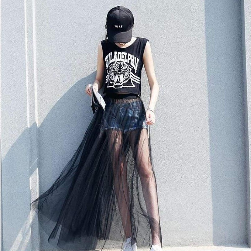 CLARA Women High Waist Mesh Maxi Skirt See-Through Beach Long Tulle Skirt Bodysuit Cover-Up Black - Image 3